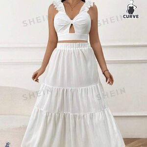 SHEIN Frenchy Plus Size Women's Off-Shoulder Ruffle Strap Elastic Top And Split